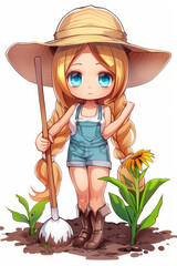 Adorable cartoon farmer girl with oversized head and eyes.