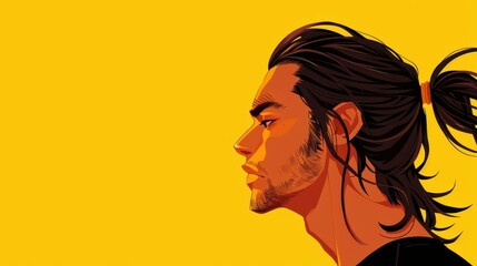Vibrant anime portrait of young man with ponytail in profile on yellow background.