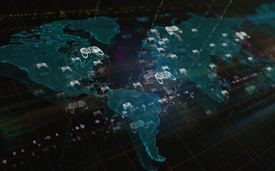 Gaming pad and joystick symbol on world map