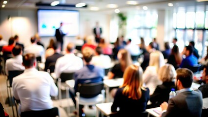 Business Seminar Blur: A blurred seminar or workshop setting with speakers and participants, perfect for professional development and learning themes.
