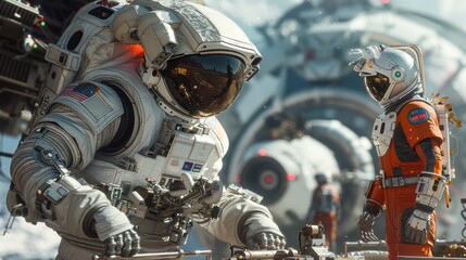Fototapeta premium A sci-fi scene with an astronaut and robot working together on a spaceship, highlighting cutting-edge technology and futuristic design