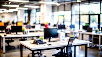 Office Workspace Blur: A blurred office workspace with desks, computers, and office supplies, great for workplace and productivity themes.
