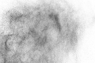 Grunge texture. Wall pattern. Black particles explosion isolated on white background. Abstract dust overlay texture.