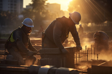 Construction Workers Building Foundation at Sunrise