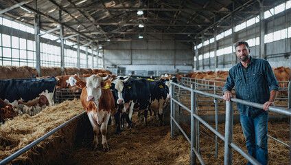 Happy farmer with cow cattle farm countryside.