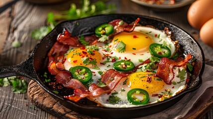 Fried eggs with crispy bacon, jalapeno slices, and fresh herbs in a cast iron skillet on a wooden table. Close-up food photography. Gourmet breakfast and brunch concept.