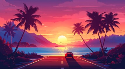 A summer vibe illustration in the 80s style with a car driving into the sunset