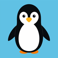 A penguin with orange feet stands on a blue background
