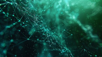 Background of blue green technology with a cyber network grid and connected particles. Artificial neurons, global data connections.