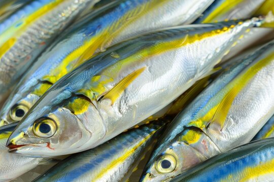 Freshly Caught Yellowstripe Scad A Close-Up View of a Stack of Whole Fish at the Market