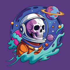 An Astronaut Skull in a colorful planet, funny cartoon Skull for T-Shirt design