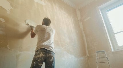Fototapeta premium Man Plastering Wall in Bright Room During Renovation