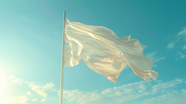 A white flag flutters in the wind in a clear blue sky. The white flag of surrender