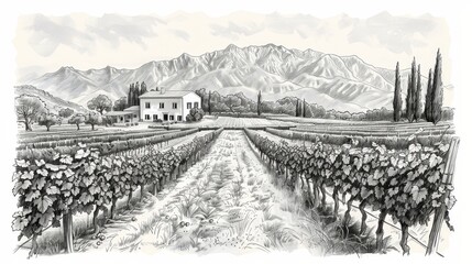 Drawing of a vineyard and farm in nature. Typeface posters illustrating a European landscape. Simple pencil sketch.
