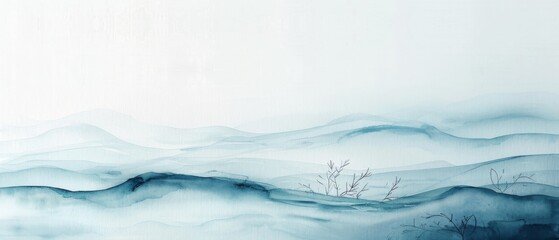 Abstract watercolor painting with serene blue waves and subtle brushstrokes, evoking a tranquil, minimalist seascape with natural elements.