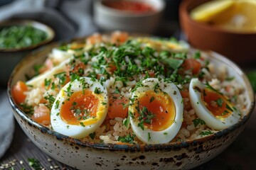 A serving of kedgeree, a rice dish with smoked haddock, boiled eggs, and fresh herbs, garnished with lemon wedges. 