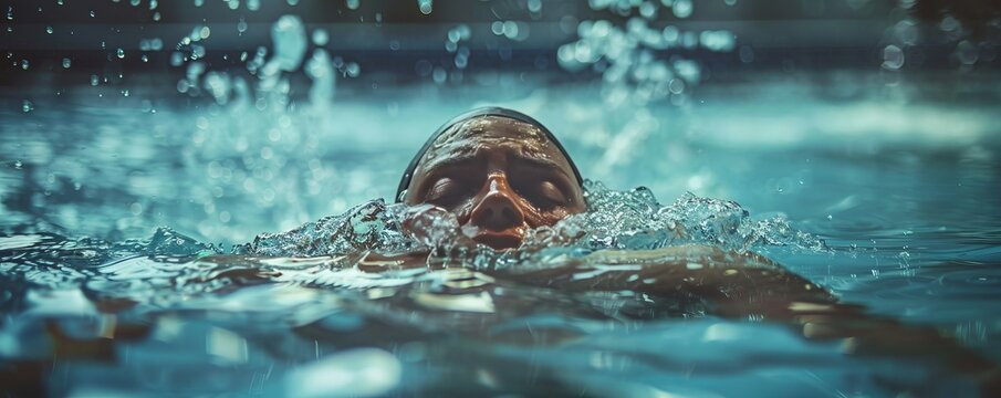 A swimmer emerging from the pool after a grueling race, their body exhausted but their spirit unbroken.