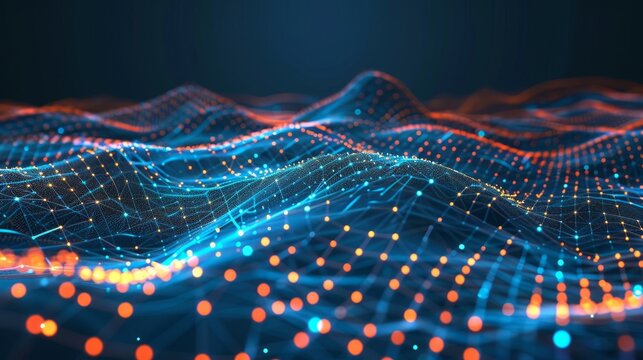 The background of the screen is abstract and have dark and grain processed dots and lines for the cyber technology futuristic and network connection concept.