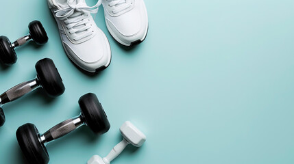 Running accessories sneakers water bottle on clean blue background wallpaper photos 4k HD. Copy space for text. World Running Day. Global Running Day.