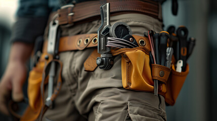 Close-Up of Construction Worker’s Tool Belt with Various Tools