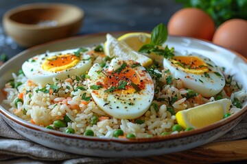 A serving of kedgeree, a rice dish with smoked haddock, boiled eggs, and fresh herbs, garnished with lemon wedges. 