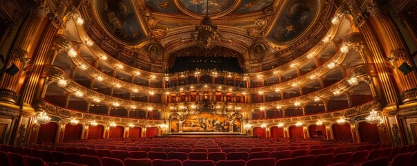 Grand opera house with opulent interior, illuminated chandeliers, and music