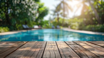 Wooden table with blurry background of swimming pool in front
