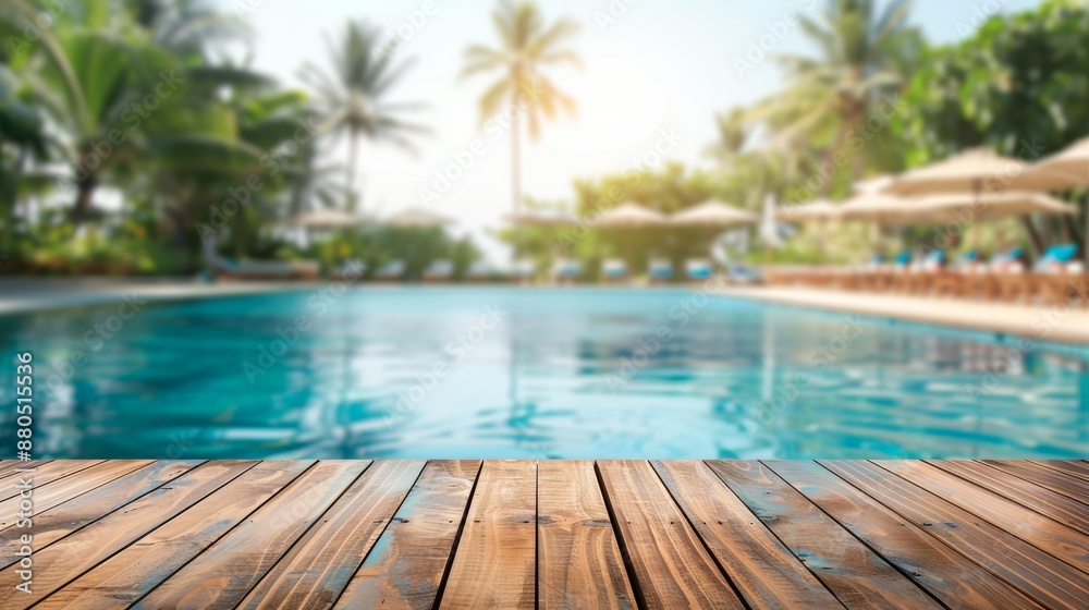 Canvas Prints Tropical resort in summer with empty table top and blurred swimming pool for montage or display.