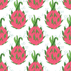 Seamless pattern of cute Pink dragon fruit, white background