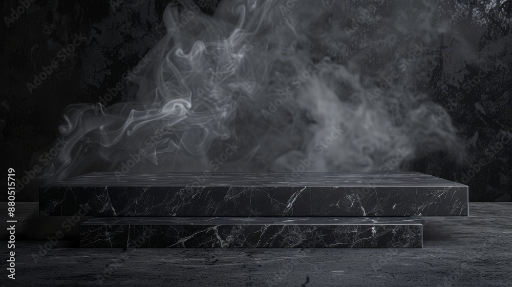 Wall mural In a dark room with smoke, a black marble podium stands on black stone flooring.