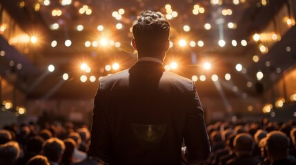 An audience member watches a motivational speaker from the back of the stage