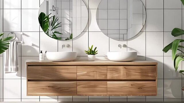 3d rendering of a modern minimal white bathroom with big round mirror