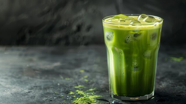 Taking away a iced matcha green tea latte with bubbles on a dark gray background, with space for writing
