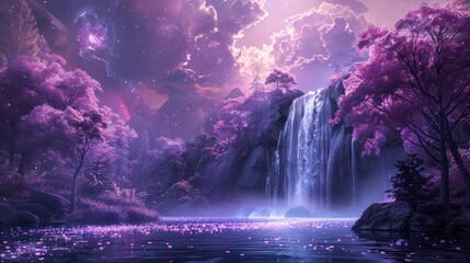 Beautiful mystical landscape with a crystal waterfall and a beautiful purple forest in the cosmic space.