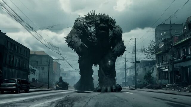 A large monstrosity made of stone walks powerfully along a road in an apocalyptic setting .