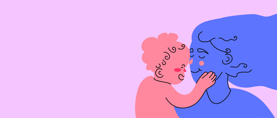 Tender moment between mother and little daughter, drawn characters. Bonding family moment. Creative vector illustration. Concept of family, childhood, motherhood. Hand drawn