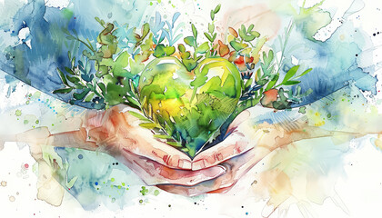 A painting of a blue and green Earth with two hands holding it