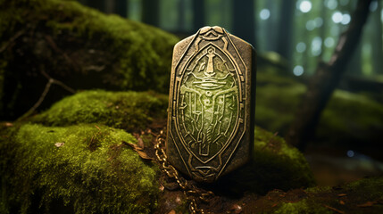 Ancient Stone Amulet with Intricate Carvings in Forest
