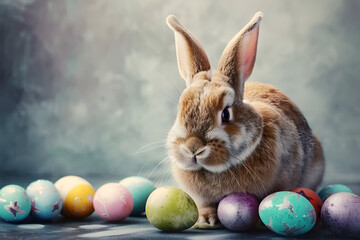 easter bunny with colorful easter eggs empty space copy space for text banner background