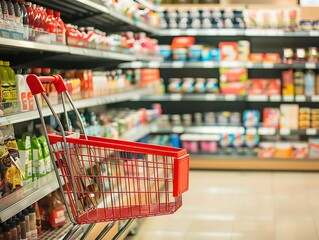 Clean, organized supermarket aisle featuring a red shopping cart parked at an angle, with well-stocked shelves of diverse products, creating a vibrant and inviting atmosphere.