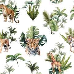 Fotobehang Watercolor Tropical seamless pattern with animals leopard, tiger, giraffe and plants, showcasing the beauty of jungle life © EvgeniiasArt