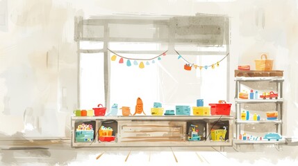 child-drawn, simple, minimal, white background, happy moment at well-displayed toy shop