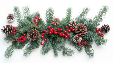 Christmas tree branch garland with red berries. Realistic fir tree border. Ideal for party flyers and flyers for Christmas.