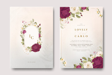 Beautiful wedding invitation card set with floral frame rose flowers	