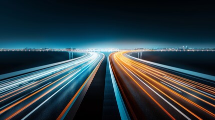Night view of an elevated highway, illuminated bridges, advanced infrastructure, vibrant city lights, realistic photo, hyper realistic, focus cover all object