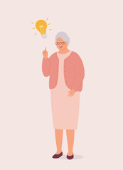One Smiling Elderly Woman Thinking With One Index Finger Pointing Up A Yellow Light Bulb.