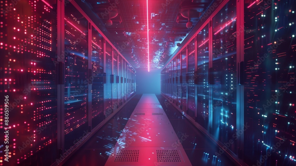 Poster a future-oriented technology concept background with server rooms, data clouds, and large databases.
