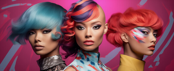 Obraz premium Three women with vibrant hair colors and bold makeup