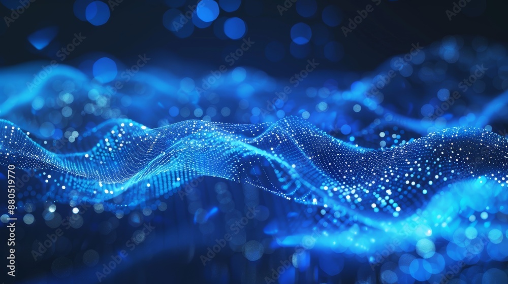 Poster the abstract blue tech background features digital waves, artificial neural networks, and cyber quan