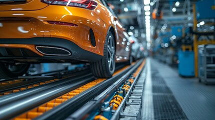 Obraz premium Orange Car on Factory Production Line. Close-up of an orange car on a factory production line, highlighting the automotive manufacturing and assembly process.
